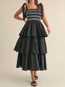 Womens Tie Shoulder Dress Summer Sleeveless Smocked Bust Tiered Ruffle Dress Long Flowy Dress - Black - View 1