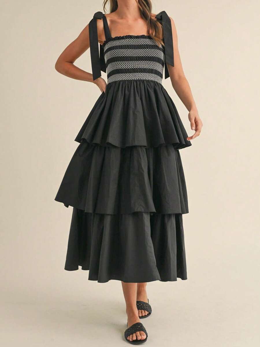 Womens Tie Shoulder Dress Summer Sleeveless Smocked Bust Tiered Ruffle Dress Long Flowy Dress - Black - View 1