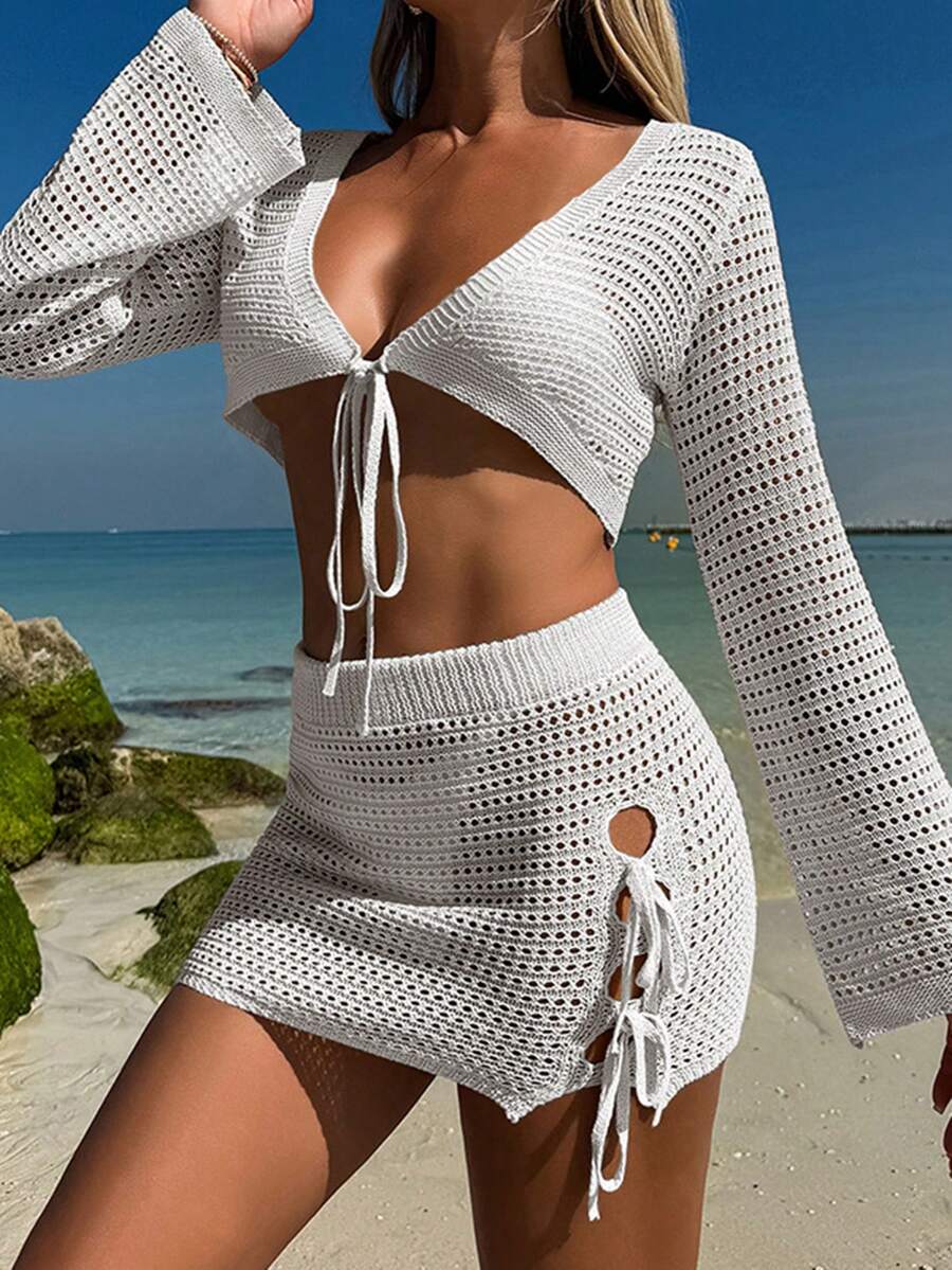 ATTRACO 女士度假海滩纯色镂空针织长袖上衣露背罩衫套装 - 白色 - 查看 1