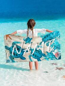 1pc Personalized Name Beach Towel,Blue Marine Creature - Sea Turtle Children Parents Beach Towel, Absorbent Multi-Functional, Quick Dry,Breathable - Blue - View 17