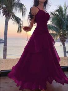 优雅不对称荷叶边吊带连衣裙，时尚百搭，适合女性穿着，简约细肩带设计，适合派对、舞会、晚宴、生日、婚礼、返校等各种场合，端庄修身，夏季必备 - 中紫紅色 - 查看 8