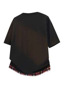 Men's Vintage Distressed Style Color Block Plaid Loose Dropped Shoulder Short Sleeve T-Shirt - Black - View 4