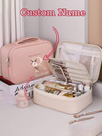 1pc Customized 26 Letter Text Pattern, Versatile Makeup Bag With Large Capacity And High-End Feel, Multi-Function Cosmetic Organizer Pouch, Niche Design, Customizable Text, Suitable For Vacation, Minimalist, Leisure, Personalized,Multi-Functional,Ornamental,Letter,Solid Color,Exquisite,Stylish,Vintage,Modern,Colorful,Leisure,Basics,Casual,Soft,Unique,Customized,Personalized,Custom,Ideal Gifts For Her,Girlfriend,Her,Boyfriend,Friends