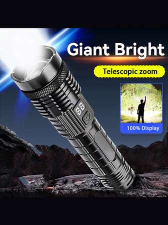 大功率远射程 LED 手电筒战术灯 100% 显示屏 USB 可充电灯伸缩变焦手电筒露营灯