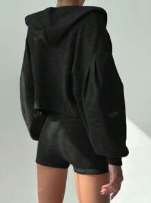 3pcs Women Casual Solid Color Bra, Shorts, And Hooded Jacket Set