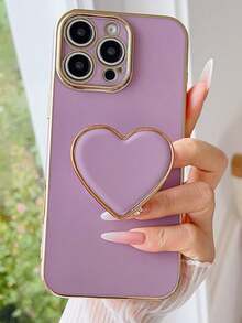 镀金心形支架和镀金手机壳，适用于 17 16e 15 14 13 12 11 XS XR X 7 8 Plus Pro Max Galaxy S25 S24U S23 A55 A54 A35 A25 A17 A07 A16 A06，镀金保护套 - 紫色 - 查看 6