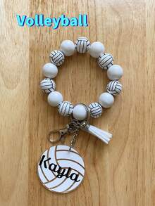 1pc Custom Sports Wristlet Bracelet Keychains, Customizable With Name, Personalized Wood Beads Sports Print Soccer Bracelet Keychains, Acrylic Print Volleyball Sports Wristlet Bracelet Keychain, Sports Wristlet Soccer/Volleyball/Basketball/Baseball