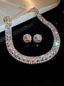 1pc Luxurious Adjustable Fully Rhinestoned Necklace For Women + 1 Pair Minimalist Modern High-End Colorful Rhinestone Earrings, Perfect For Balls, Banquets, Dates, Parties, Weddings, And Daily Wear, 3-Piece Elegant And Fashionable Jewelry Set For Ladies - ABsilver - View 7