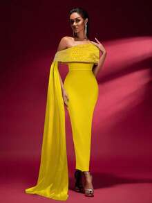 Women's Beaded Tie Splice Off Shoulder Bodycon Dignified Evening Maxi Dress, Autumn - Yellow - View 5