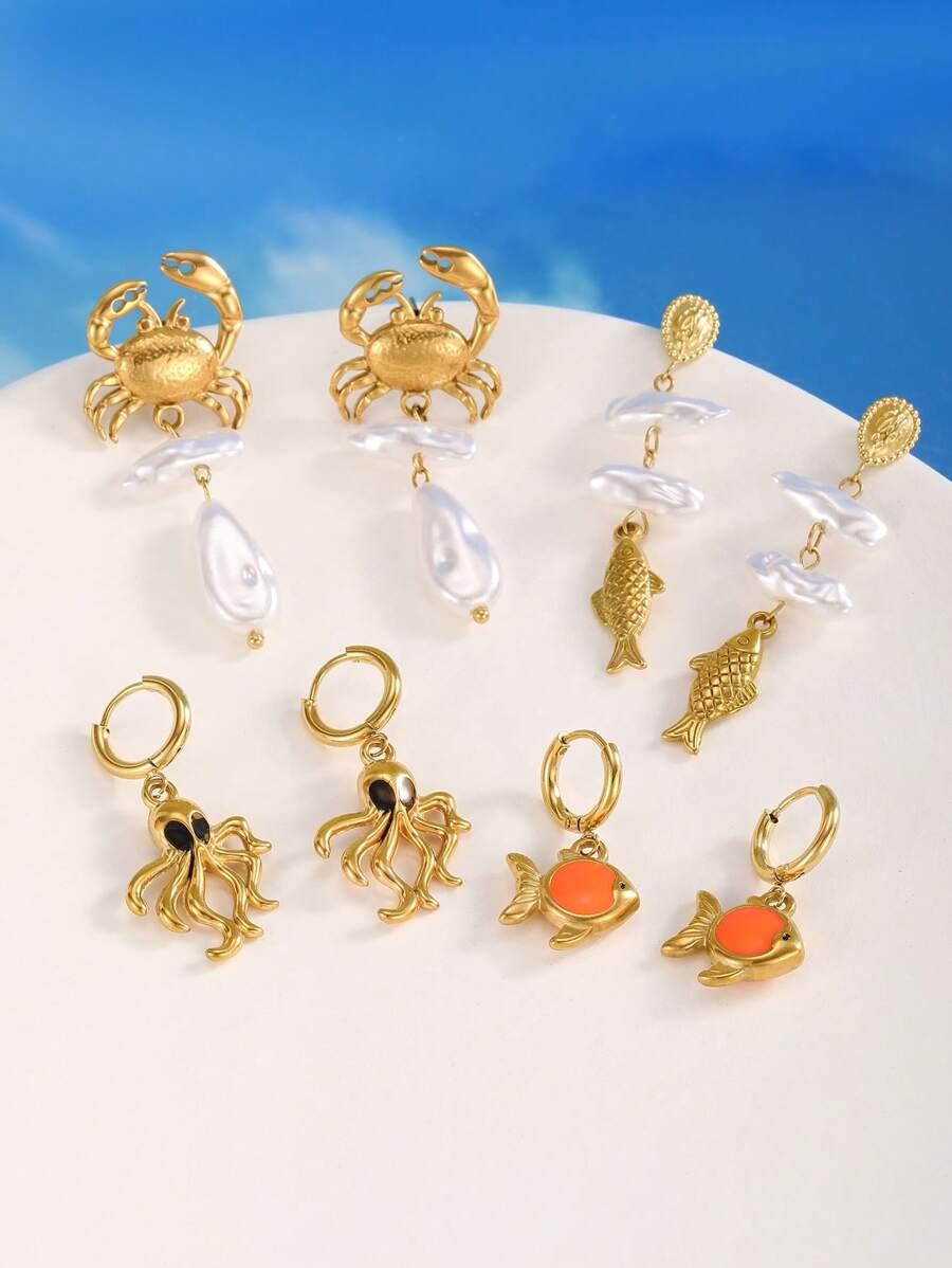 1 Pair Of Stainless Steel 18k Gold Ocean Series Beach Vacation Style, Crab Earrings, Octopus Earrings, Small Fish Earrings, Pearl Earrings, Pendant Earrings, Give Gifts To Friends