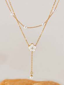 1pc Fashionable & Exquisite Flower Double-Layer Design Necklace, Classic & Elegant, Suitable For Daily Wear, Best Gift For Friends - Gold - View 2