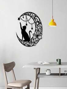 1 pieza Decoración de pared de silueta de metal de gato negro y luna de arte de hierro
