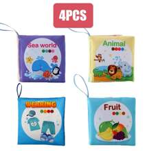 Paquete de 4 libros blandos de educación temprana para niños, lavables, masticables, resistentes al desgarro, que incluyen animales, frutas y otros juguetes de aprendizaje interactivo, adecuados como regalos de Navidad, cumpleaños, Halloween, Acción de Gracias y Pascua para bebés y niños pequeños