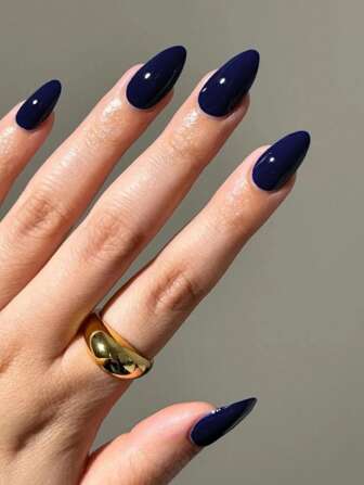 30 piezas Juego de uñas postizas de color azul oscuro liso con forma de almendra, estilo minimalista vintage. Mejora tu elegancia, adecuado para uso diario. Accesorios para uñas