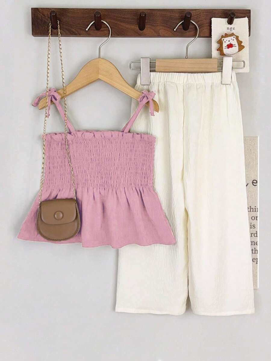 2件套女童休闲纯色吊带背心+长裤套装，夏季