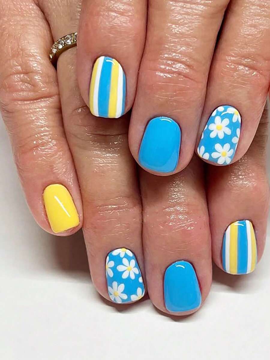 24 Unidades de Unhas Quadradas, Pintura a Óleo Fresca no Verão, Flores Azuis, Vermelhas, Brancas e Amarelas, Unhas Falsas, Adequadas para Brincadeiras do Dia a Dia, Unhas Adesivas. Suprimentos de Unhas