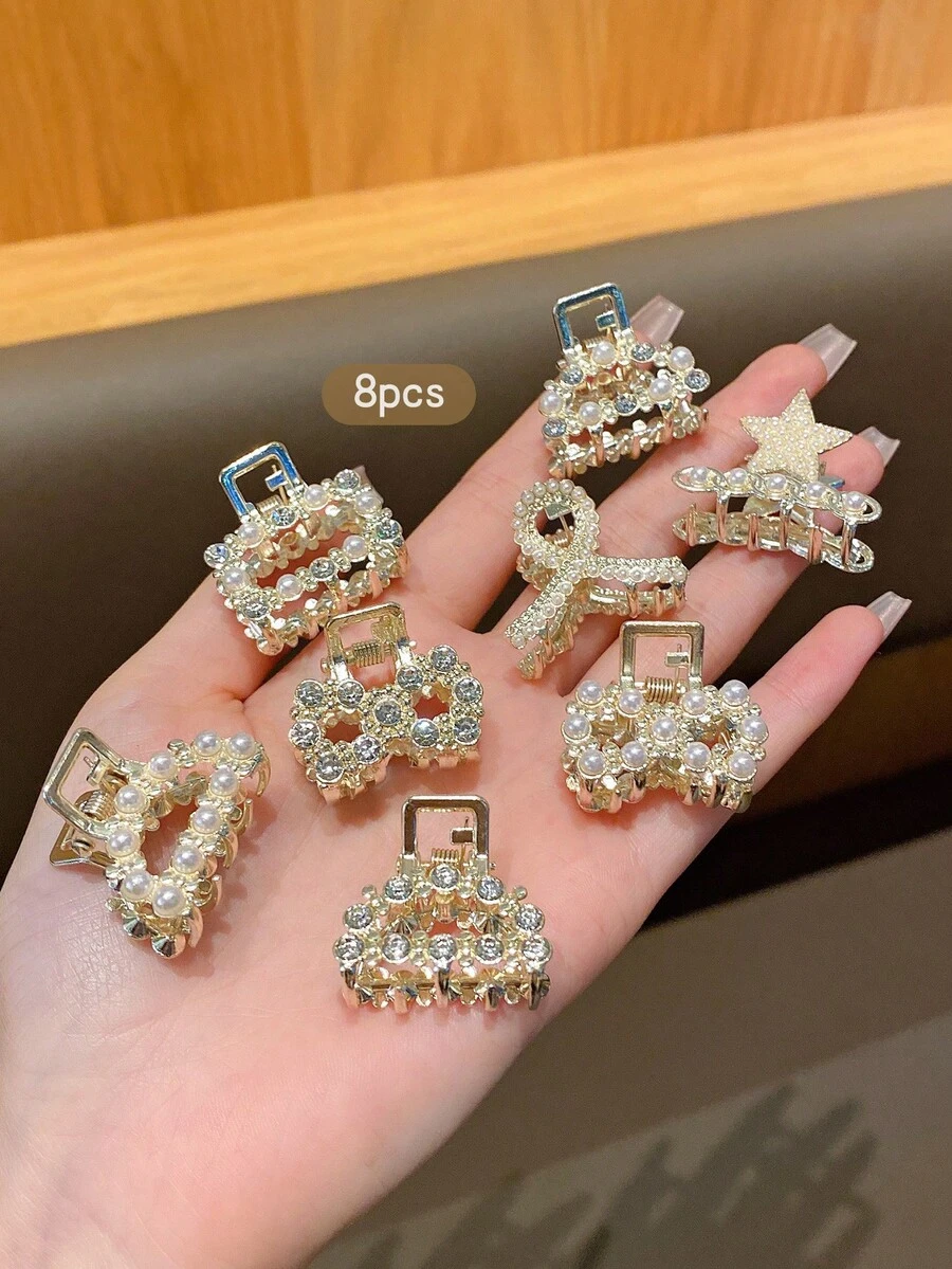 8pcs/Set Korean Style Rhinestone & Faux Pearl Metal Hair Clips - Multicolor - View 1