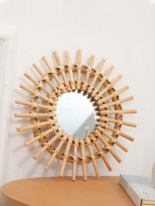 1 Stück Boho Rattan Wandspiegel - Runder dekorativer gewebter Rahmen Spiegel für Wohnzimmer, Schlafzimmer, Eingangsbereich - Rustikale Bauernhaus Sonnenstrahlwand Deko Akzent für Heim Ästhetik