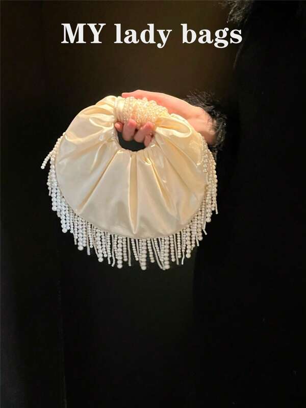 Bolso de mano de noche de moda para mujer, bolso de fiesta de boda hecho a mano de raso de lujo con pliegues redondos, cuentas y flecos