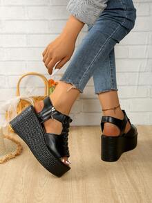 女士高跟露趾凉鞋，休闲舒适罗马风格厚底沙滩凉鞋，夏季时尚坡跟凉鞋