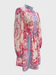 Vestito estivo da donna in stile retrò ed elegante, con collo alla coreana in pizzo, maniche a lanterna e stile bohémien