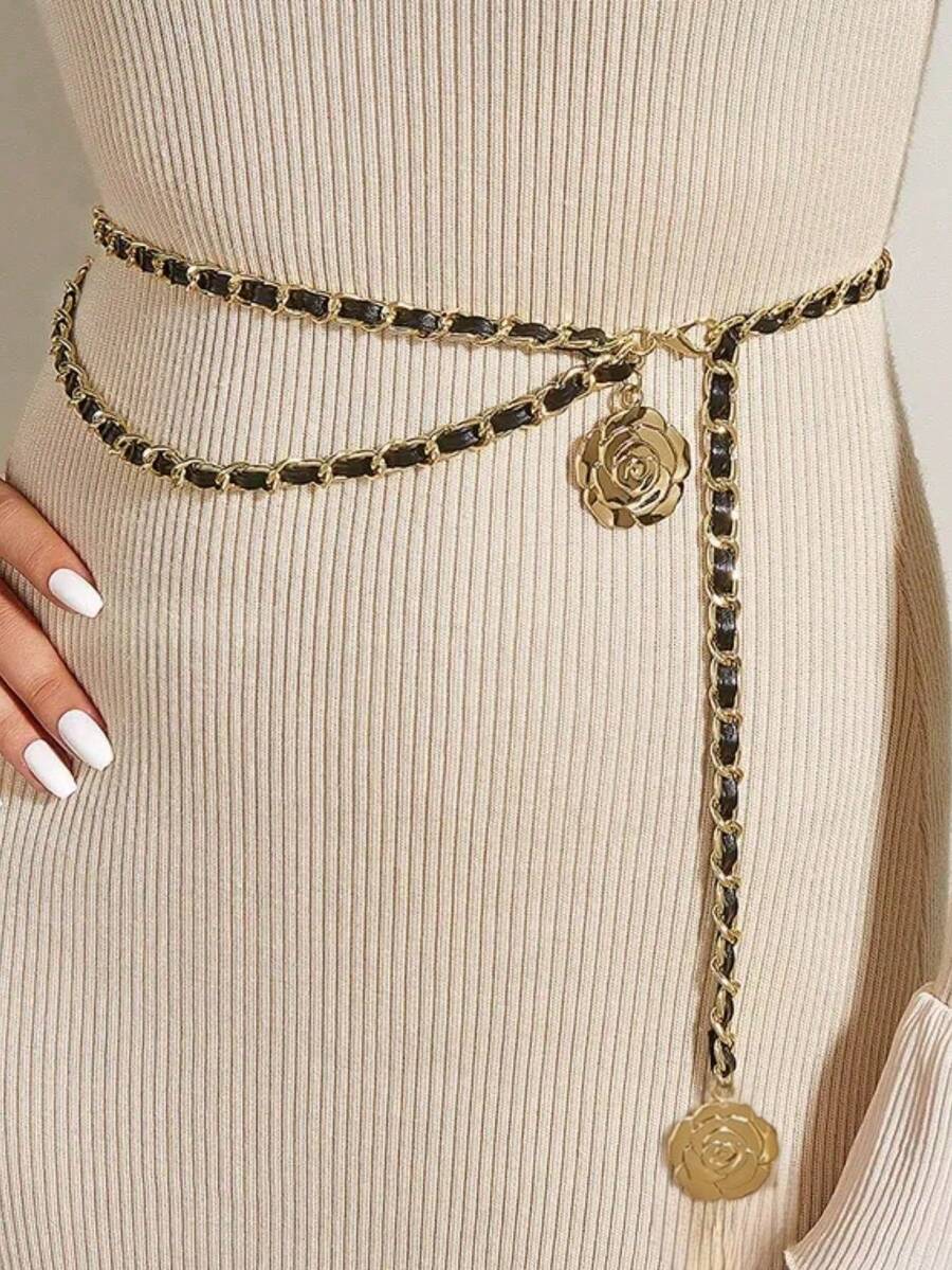 1pc Double-Layer Rope Camellia Waist Chain Summer Fall, Autumn, Halloween