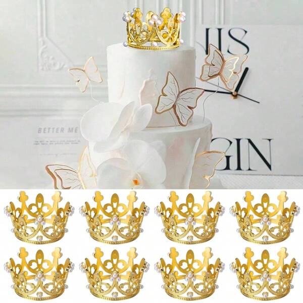 Set de 5 mini coronas doradas y plateadas para decoración de pasteles de cumpleaños, para fiestas, reuniones y decoración de pasteles
