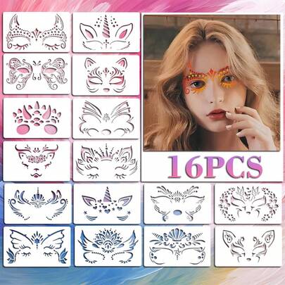 16pcs Reusable, Washable & Flexible Face Paint Stencil Set - Suitable For Stage Performance, Party And Makeup Events,Back To School,School Supplies