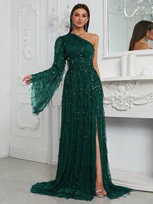 YISIKADO Asymmetrical Neck Split Thigh Sequin Formal Dress Elegant Long Sleeve Prom Evening Wedding Guest Gown, For Graduation, Dinner Party Dress - Màu xanh lá cây đậm - Xem 4