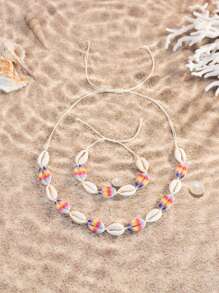Conjunto de 2 peças de pulseira e colar de argila macia com conchas e flores, estilo boêmio, com estampa de rosa, margarida, estrela, leopardo e arco-íris, joias de praia estilo oceano
