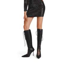 Lançamento Recente Botas de Salto Alto para Mulheres, Bico Fino Sexy Vazado Tiras Cruzadas Salto Super Alto Magro Moda Botas Longas