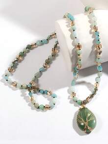 Bohemian Style Tree Of Life Pendant Necklace - Natural Tiger's Eye Stone, Handcrafted With Oval Amber, Golden Accents, Black And Brownish-Orange, For Men And Women Necklaces For Women Jewelry Women Accessories Women - Pendant Necklace - View 14