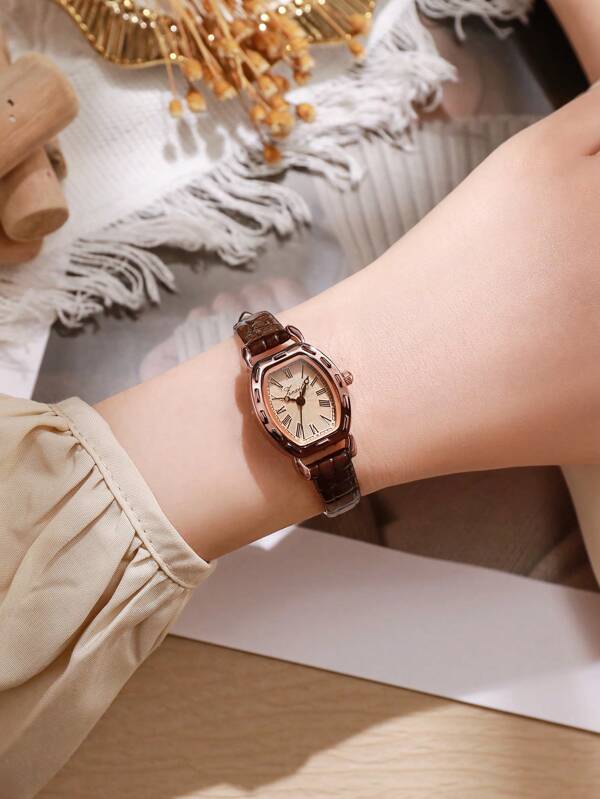 1 pieza Reloj de mujer vintage casual y elegante marrón, con esfera pequeña de forma de barril y decoración de cristales, adecuado para uso diario, fiestas y otras ocasiones
