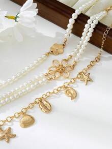 1 Set Elegant Women Pearl Anklet, Hollow Flower Shell Multi-Layer Design, Perfect Gift For Vacation - Multicolor - View 3