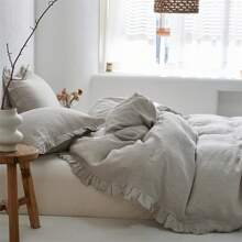 2/3 PCS 100% Linen Duvet Cover Set, Natural French Flax Ruffle Duvet Cover, Breathable Comfy Linen Bedding Comforter Cover With 1/2 Pillowcases