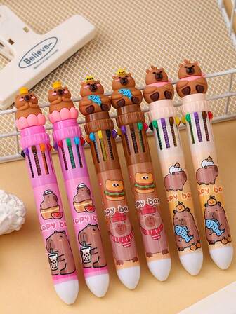 Pacote com três canetas esferográficas de desenho animado Capivara, 10 cores, várias cores em uma, 10 cores podem ser facilmente trocadas para atender a diversas necessidades criativas, senso artístico e de design coexistem, escrita suave, design prático, caneta multifuncional para anotações, caneta marcadora, adequada para presentes infantis, presentes de volta às aulas