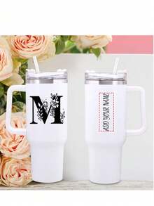 1 件定制名称 40 盎司不锈钢水瓶，印有 A-Z 字母，含吸管和盖子，便携式玻璃杯，平底牛奶/咖啡杯，旅行配件，节日礼物，伴娘新娘礼物，送给家人和朋友的礼物 - 彩色 - 查看 5