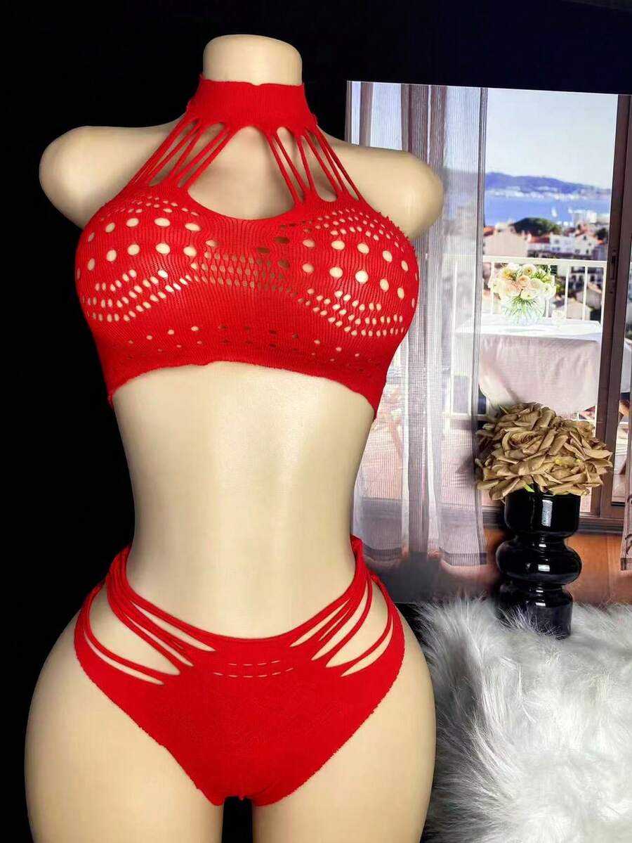 性感内衣套装，女士镂空半透明网眼文胸和内裤夜店内衣 - 紅色 - 查看 1