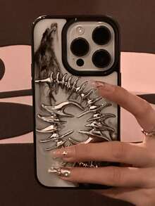 1pc INS 3D Metal Fish Bone Clear Phone Case Compatible With IPhone 17 16 15 13 14 12 11 Pro Max, Punk Chic Camera Protection Soft Silicone Back Cover - Double Fishbone - View 1