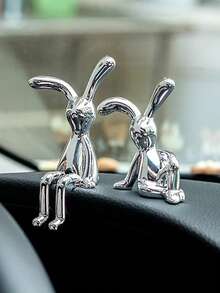 2pcs Gold And Silver Squatting Rabbit Statue ABS Electroplated Reflective Material With Adhesive Base, Used For Home Living Room, Dining Room, Bedroom, Hall, Kitchen, Bathroom, Cabinet, Bookshelf, Desktop Decoration, Office, Car Decoration, Can Also Be Used For Adhesive Tissue Boxes, Alarms, Refrigerators, Mirrors, Boxes And Other Household Items, Birthdays, Celebrations, Christmas, Holiday Decoration