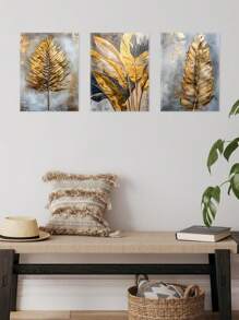 3 pièces Art mural moderne, Œuvre d'art décorative dorée, Affiches imprimées de feuilles, Peintures sur canevas de mode, Art mural élégant, Peintures classiques, Esthétique de la pièce, Décoration pour la maison, Cadeau idéal, Pour le salon, la chambre à coucher, la salle de bain, avec cadre en option
