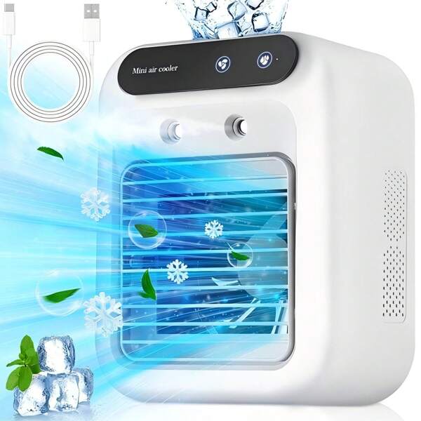 Climatiseur portable, rafraîchisseur d'air rechargeable, ventilateur de bureau rafraîchissant avec réservoir d'eau de 500 ml pour la maison, les voyages, le bureau, ventilateurs humidificateurs avec réservoirs d'eau, refroidisseurs