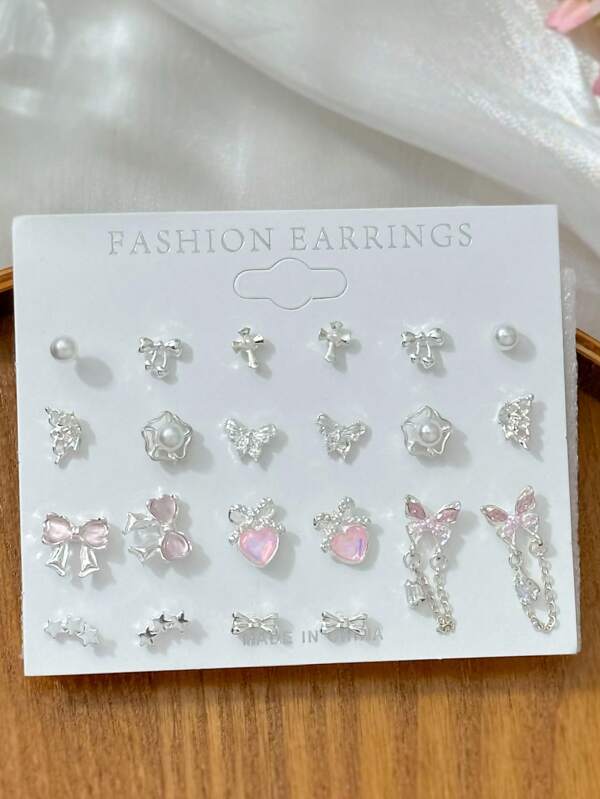 11 Pairs Cat's Eye Stud Earrings Set With Shallow-Colored Bow, Glitter Pink Earrings, Zinc Alloy Rhinestone Earrings, Fashionable & Suitable For Daily Wear, A Gift For Girlfriend