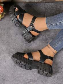 Women's Casual Hollow-Out Platform Wedge Sandals - Black - View 3