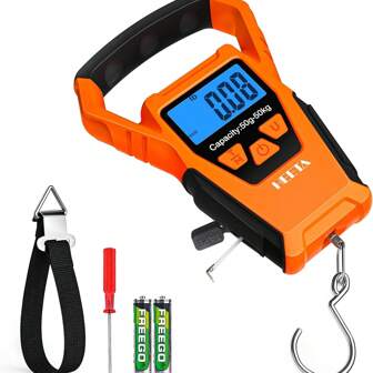 1 pezzo Bilancia digitale multifunzione per bagagli, 110 libbre/50 kg, display LCD retroilluminato, bilancia elettronica portatile con gancio per pesca, con righello, adatta per bagagli, box da pesca, cucina, viaggi, campeggio
