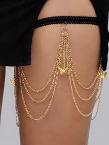 1 pieza Cadena de muslo sexy para mujer, cadena corporal de metal con borlas de mariposa, brazalete de pierna