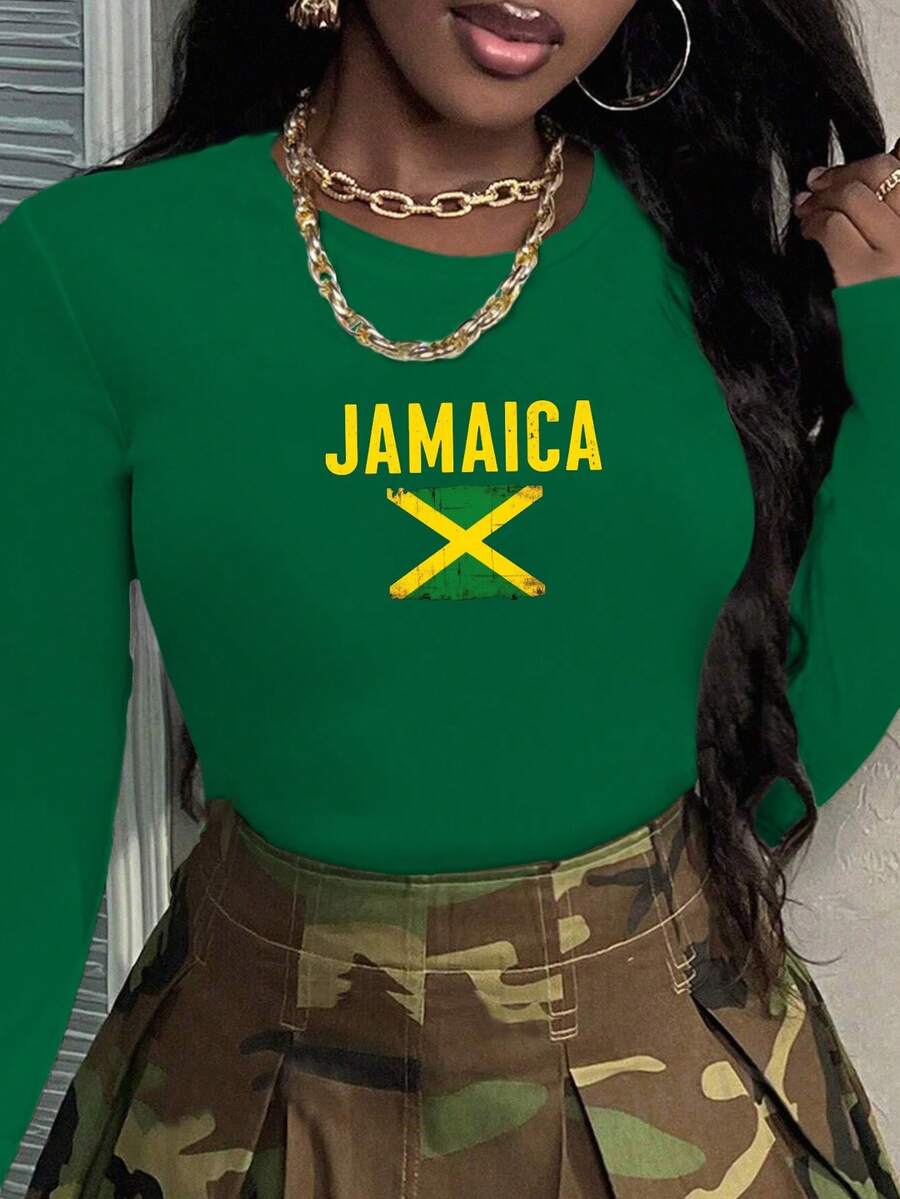 Jamaican Flag Distressed Design Women's Fashion Long Sleeve Shirt - màu xanh lá - Xem 1