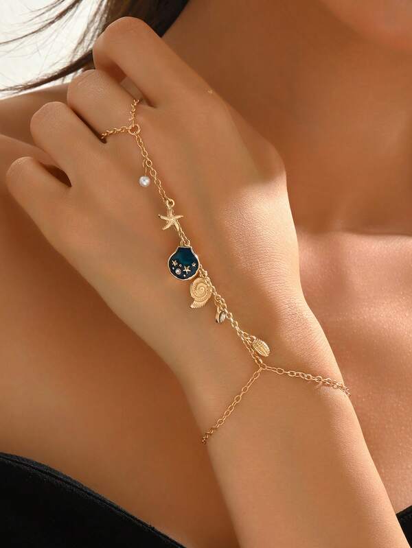 1 قطعة سوار متعدد الطبقات شكل صدف وجنمة البحر على شكل خاتم للإصبع بطراز شاطئ بسيط ،أنيق ومتعدد الاستخدامات للإطلالة اليومية