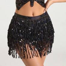 Outfits Belly Dance Glitter Sequins Tassel Skirts, Fashionable Dancing Waist Belt Skirts For Bellydance
