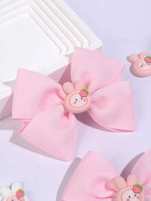 2pcs Kids Pink Rabbit Animal Strawberry Bow Hair Clips, Suitable For Children And Spring Season - Multicolor - View 5